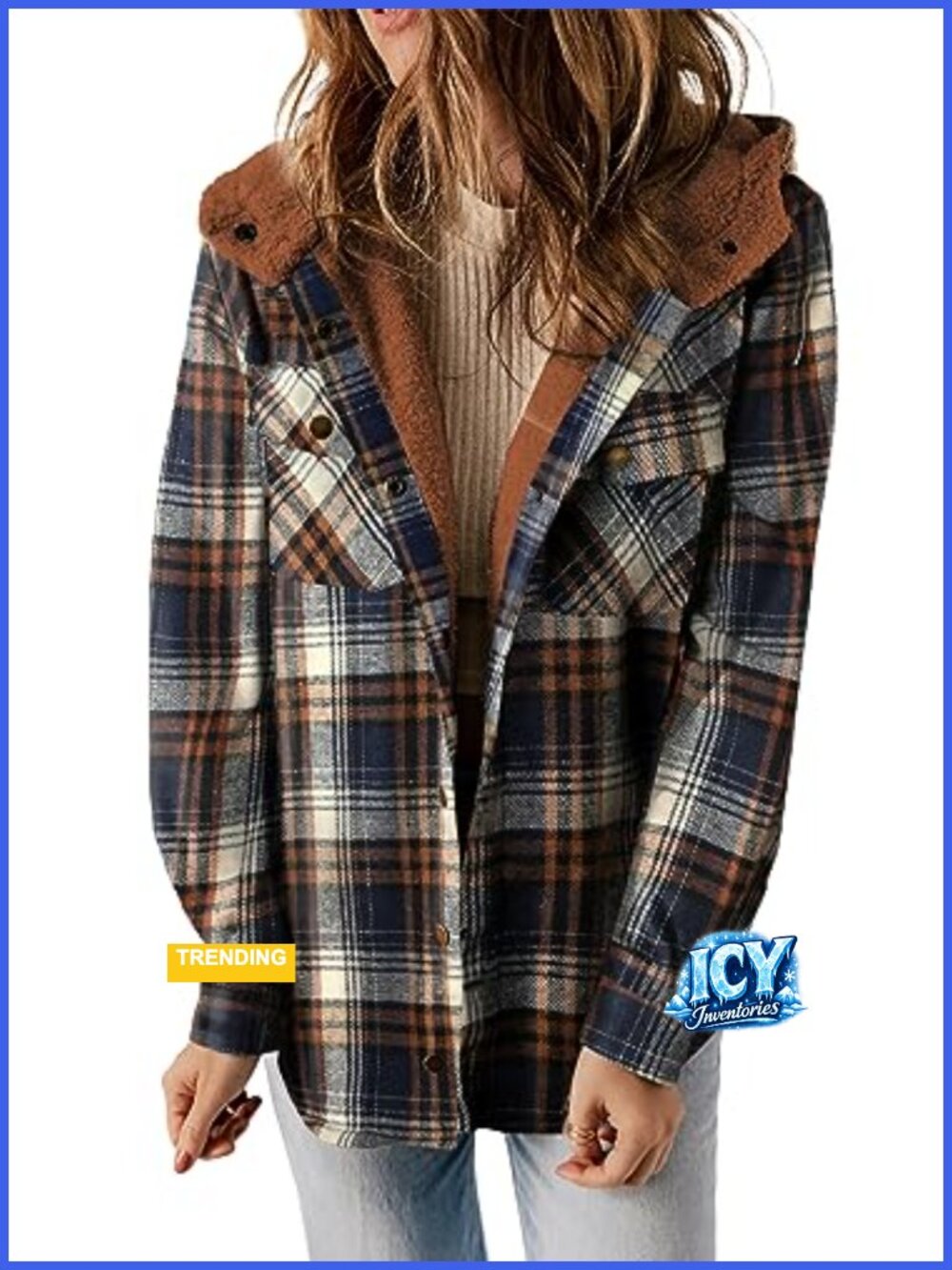 Plaid Fleece Lined Hooded Shacket Button Front Loose Fit Winter Coat